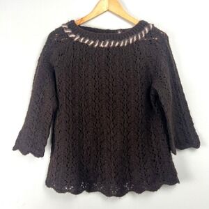 VTG Handmade Brown Fuzzy Pointelle Knit Sweater L Open Knit Forest Fairy Indie